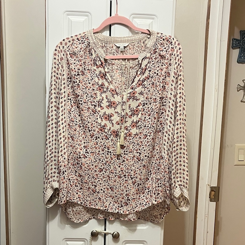 Lucky Brand Cream Floral Peasant Blouse with Pink & Rust Accents